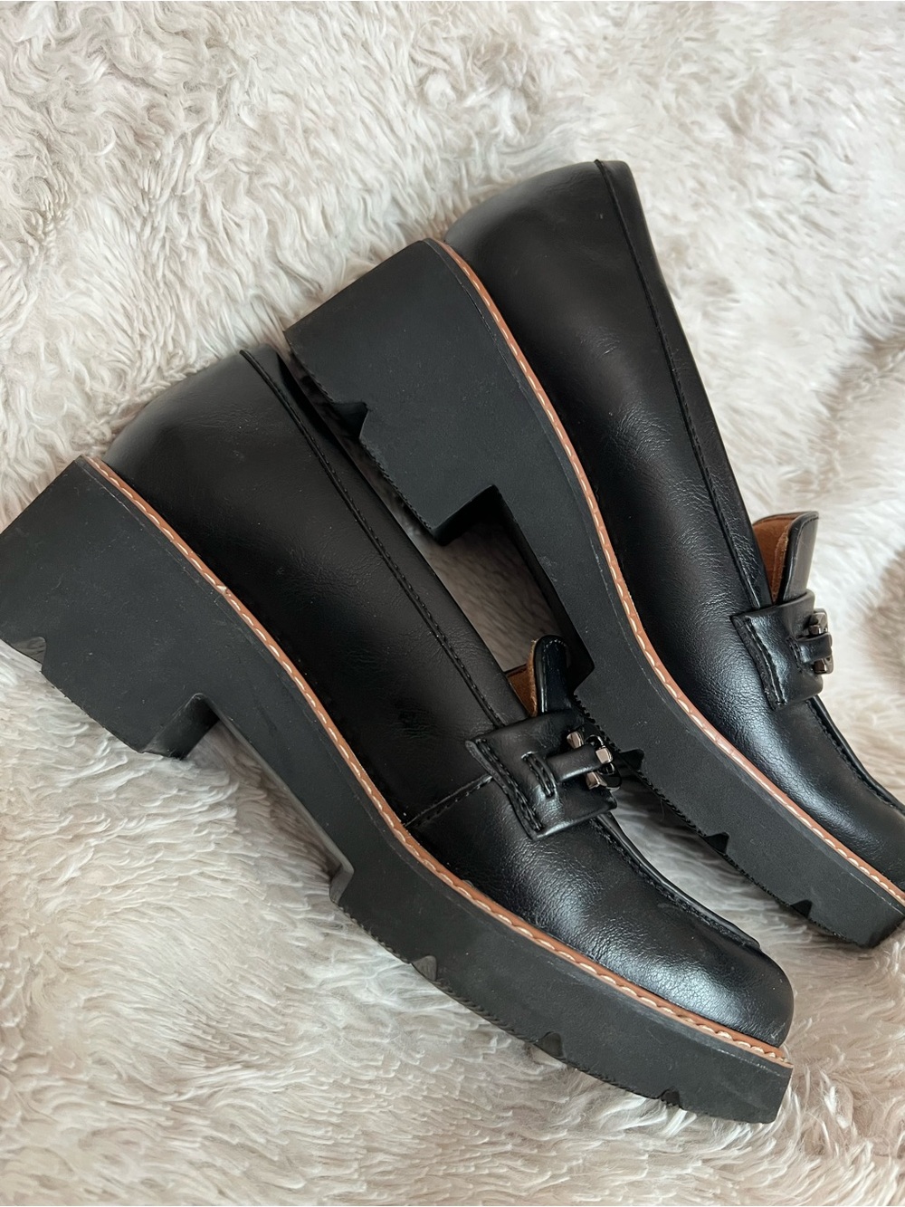Chunky Black Leather Loafer Heels